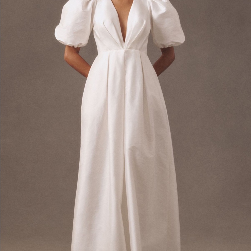Watters Bungalow Puff-Sleeve Deep-V Taffeta Maxi Dress